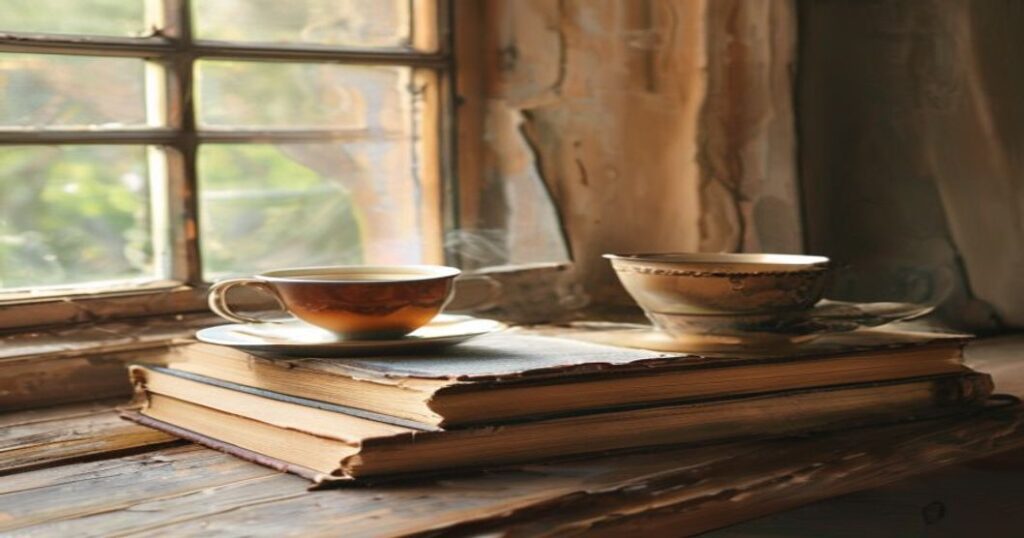 A stack of old books with a cup of tea on a wooden desk - short love quotes