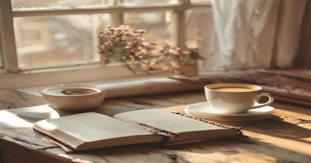 Peaceful morning scene with notebook and pen