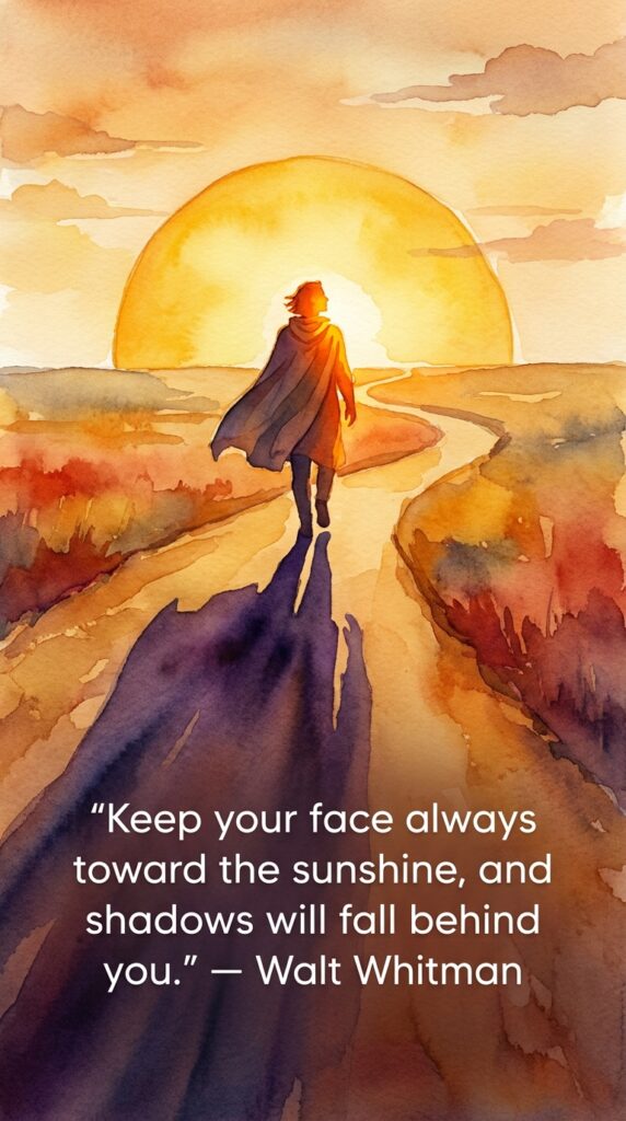 Figure walking toward golden sun - motivational quotes about winning