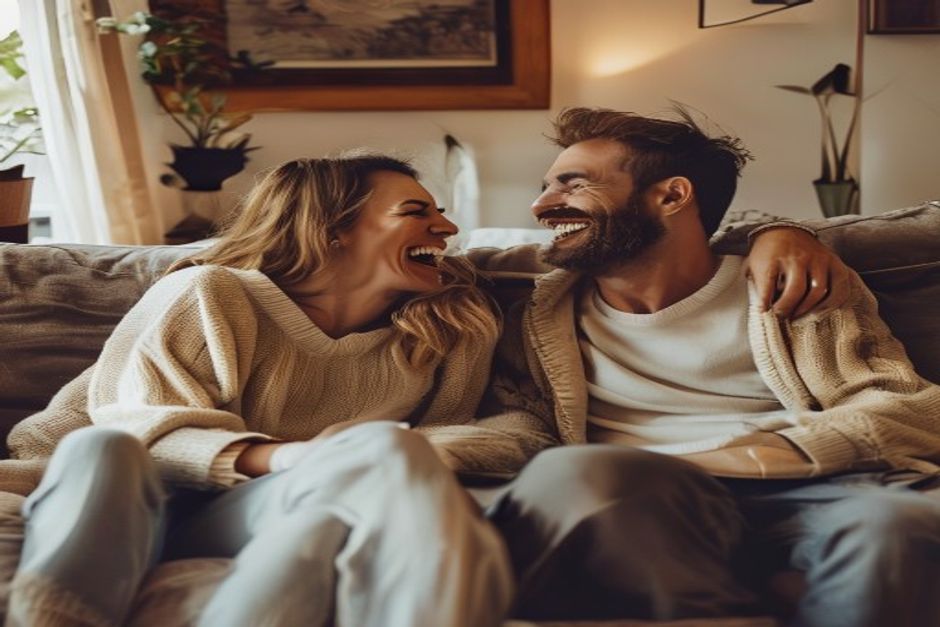 Couple laughing together on couch - funny love quotes