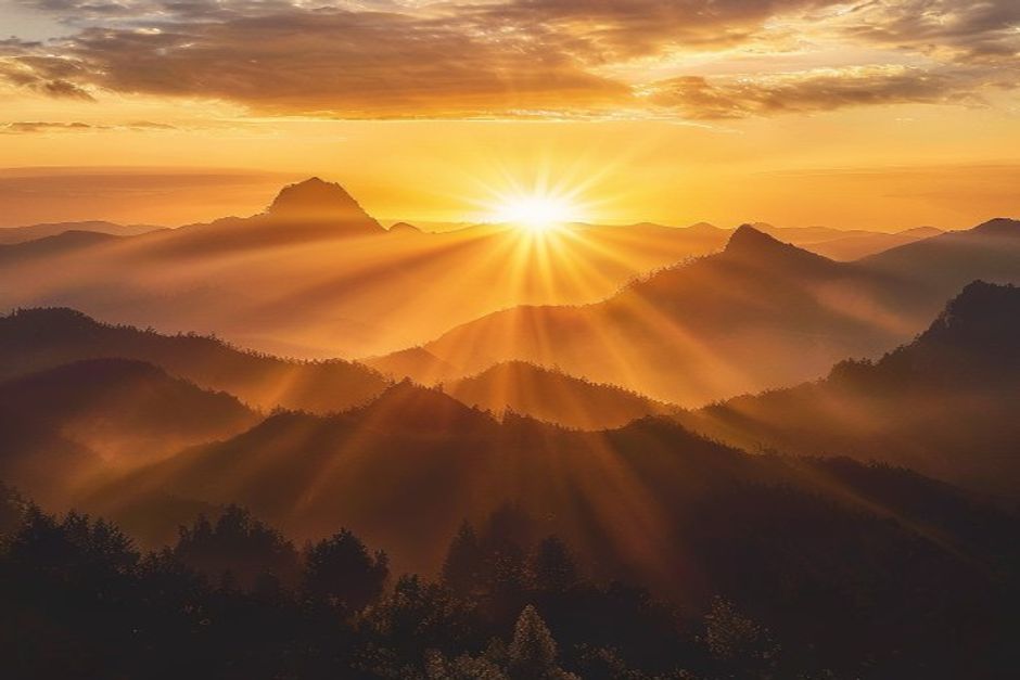 Sunrise over mountains with inspirational mood - motivational quotes for today